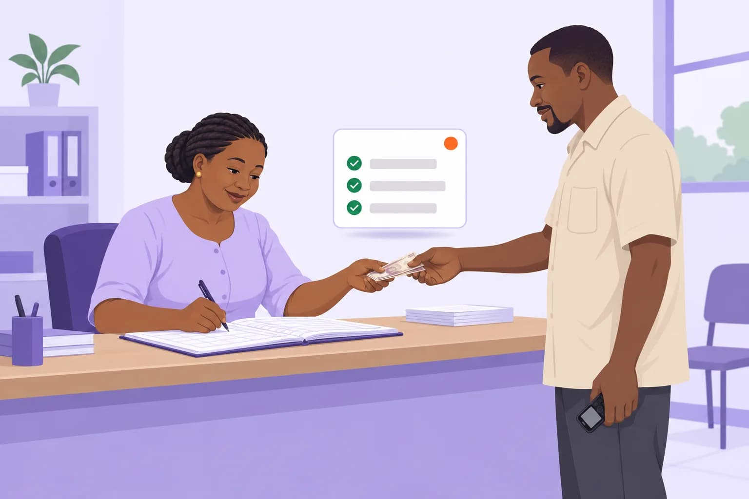 A bursar recording a family's payment at the counter against that student's invoice.