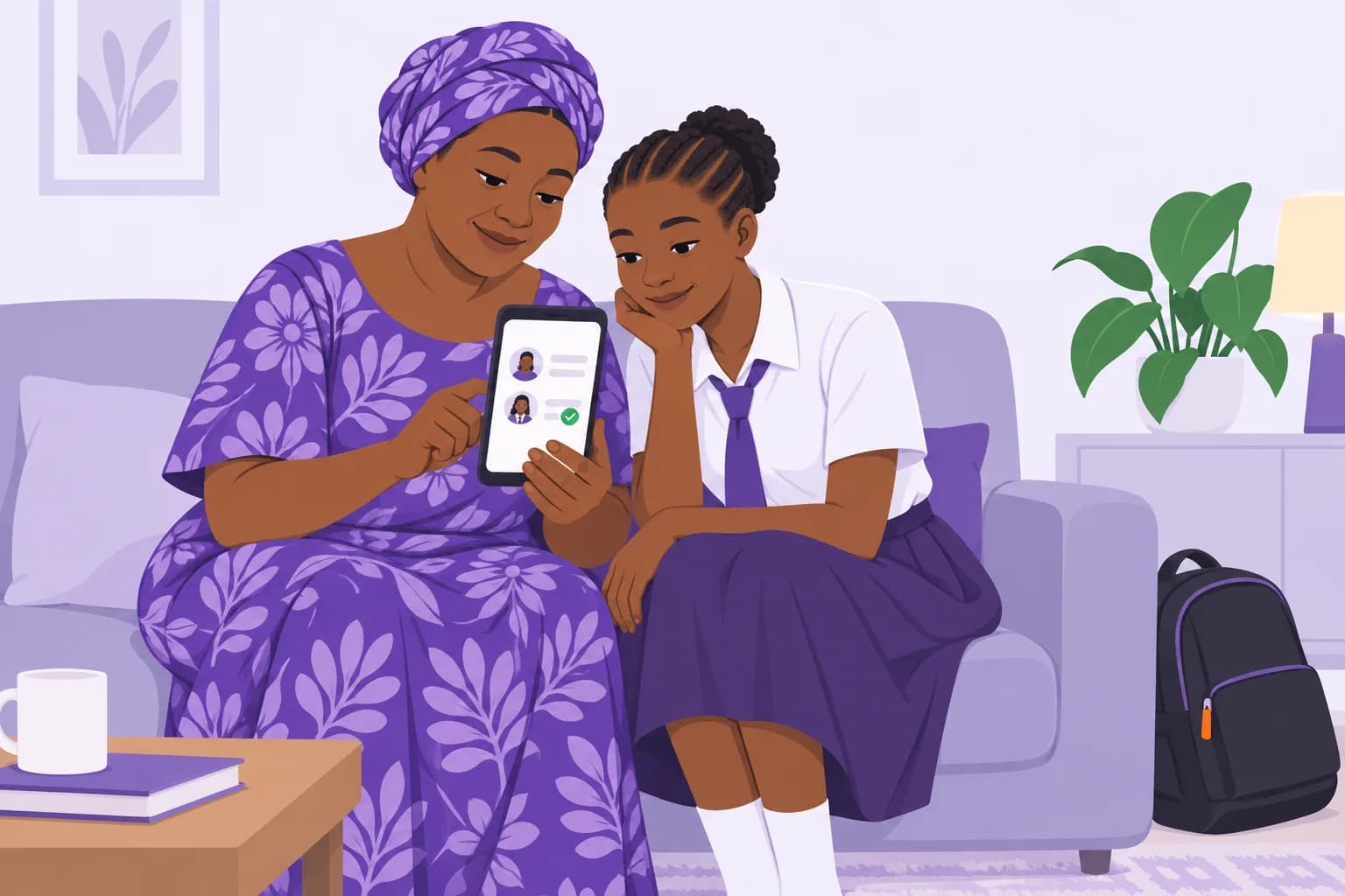 A guardian and her daughter reading the school's released results together on one phone at home.