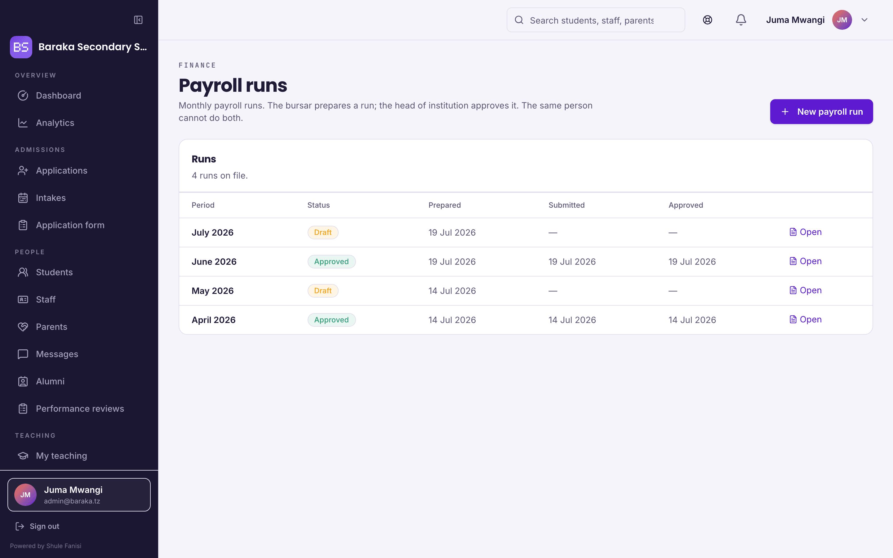 The payroll screen showing a run with gross pay, statutory deductions and net pay per staff member.