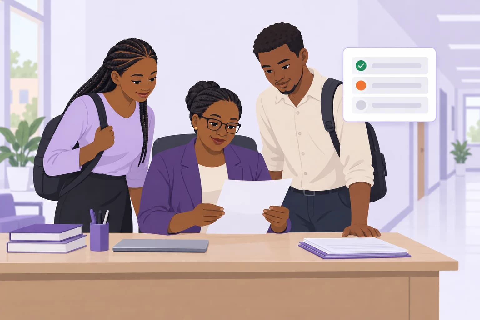 A registrar taking two students through course registration and the checks it has to pass.