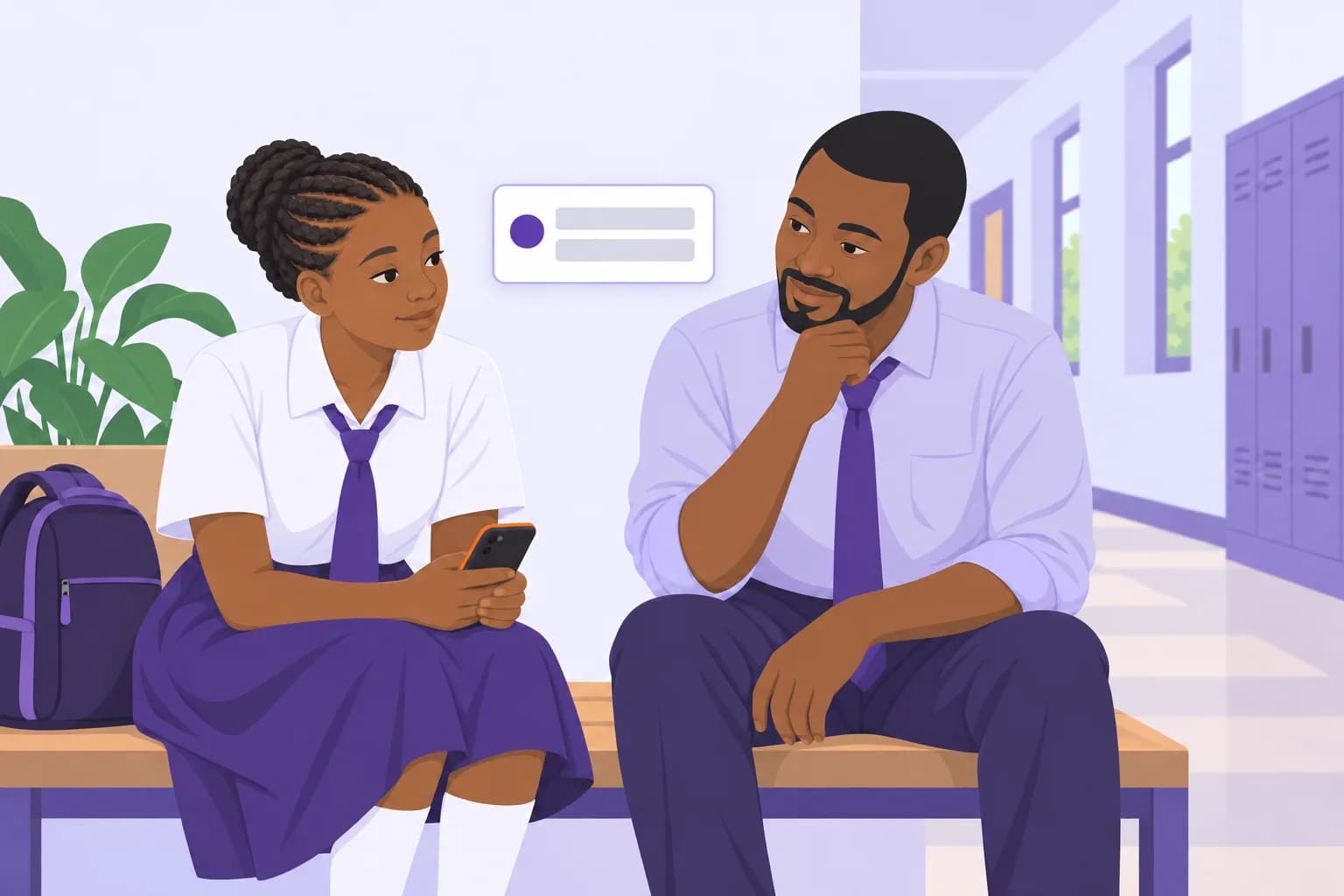 A teacher sitting beside a student in a school corridor and listening: what a sign that a learner is unsafe brings, rather than more conversation with software.
