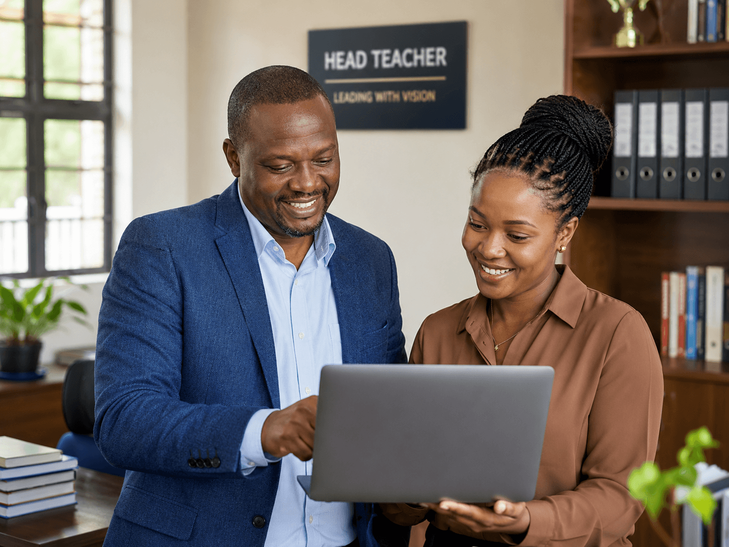 Two Tanzanian school staff reviewing the day on a laptop together.