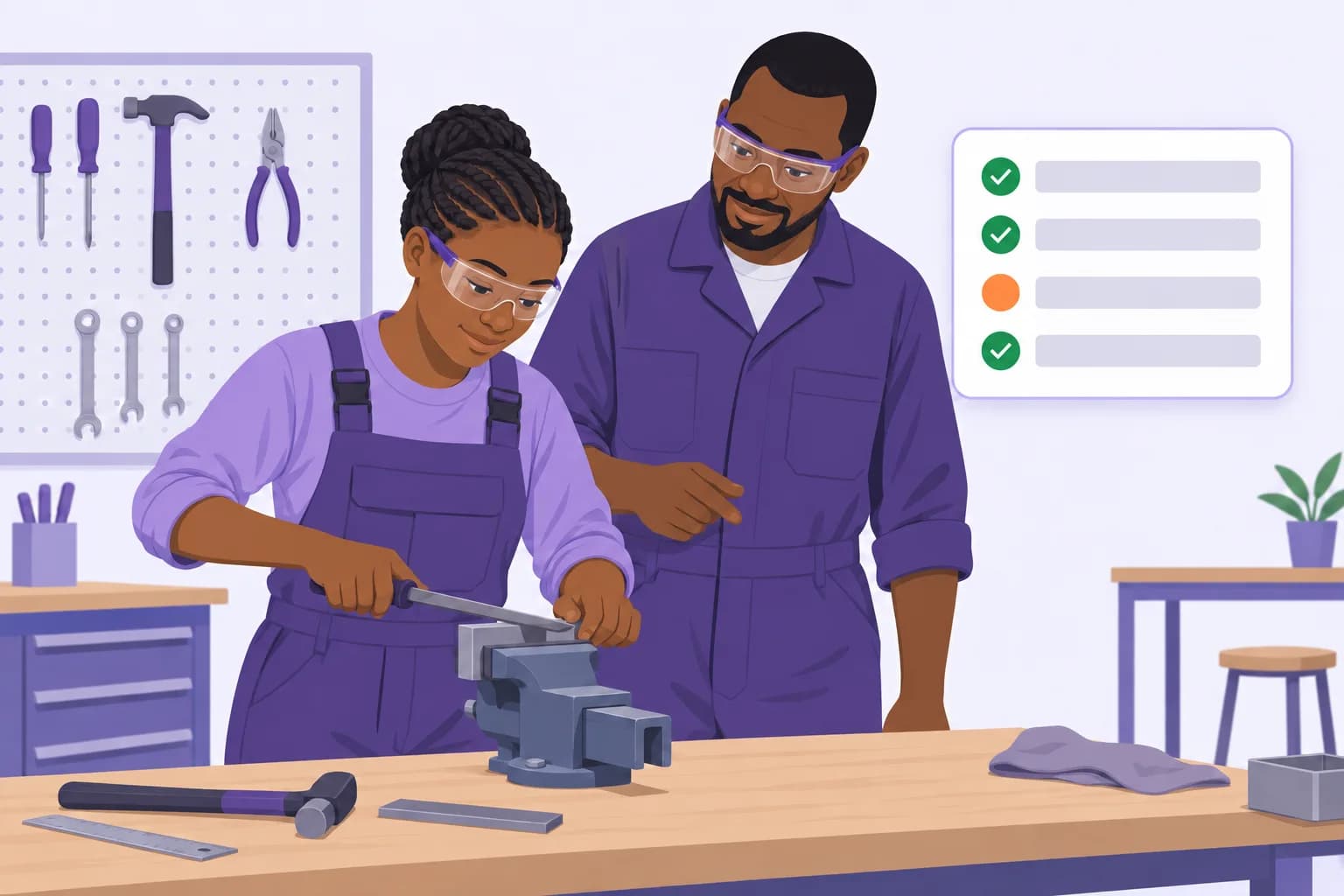 An instructor watching a trainee at the bench while the modules she has already been judged competent in are recorded beside them.