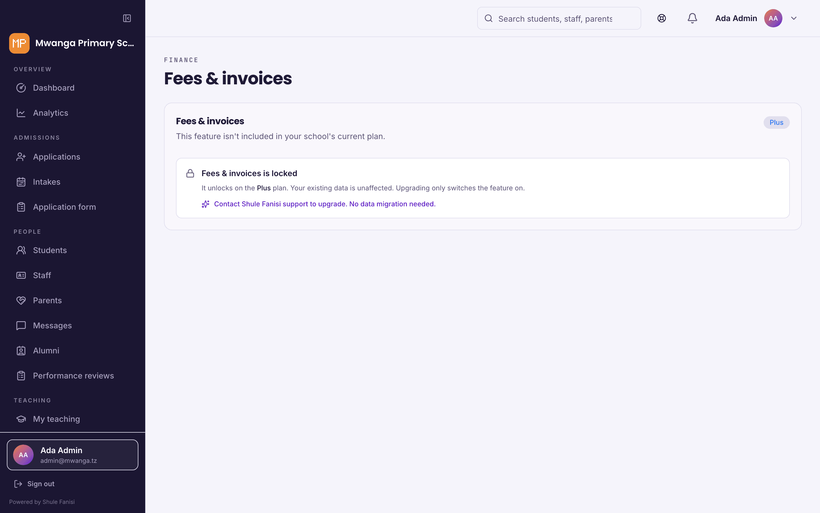 The Fees screen at a school on the Core plan: a panel saying the feature is not included in the current plan, that it unlocks on Plus, and that existing data is unaffected.