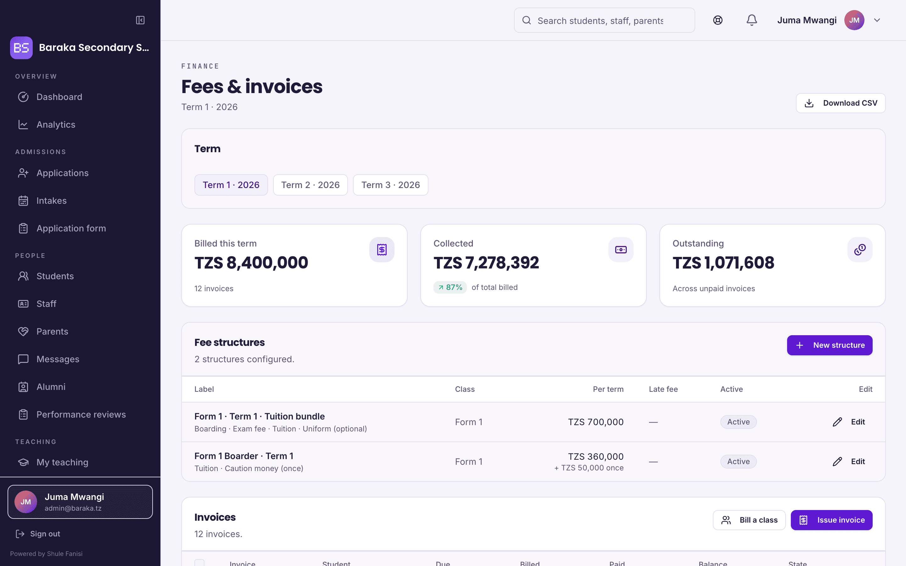 The fees screen showing invoices with billed, paid and balance columns and their payment states.